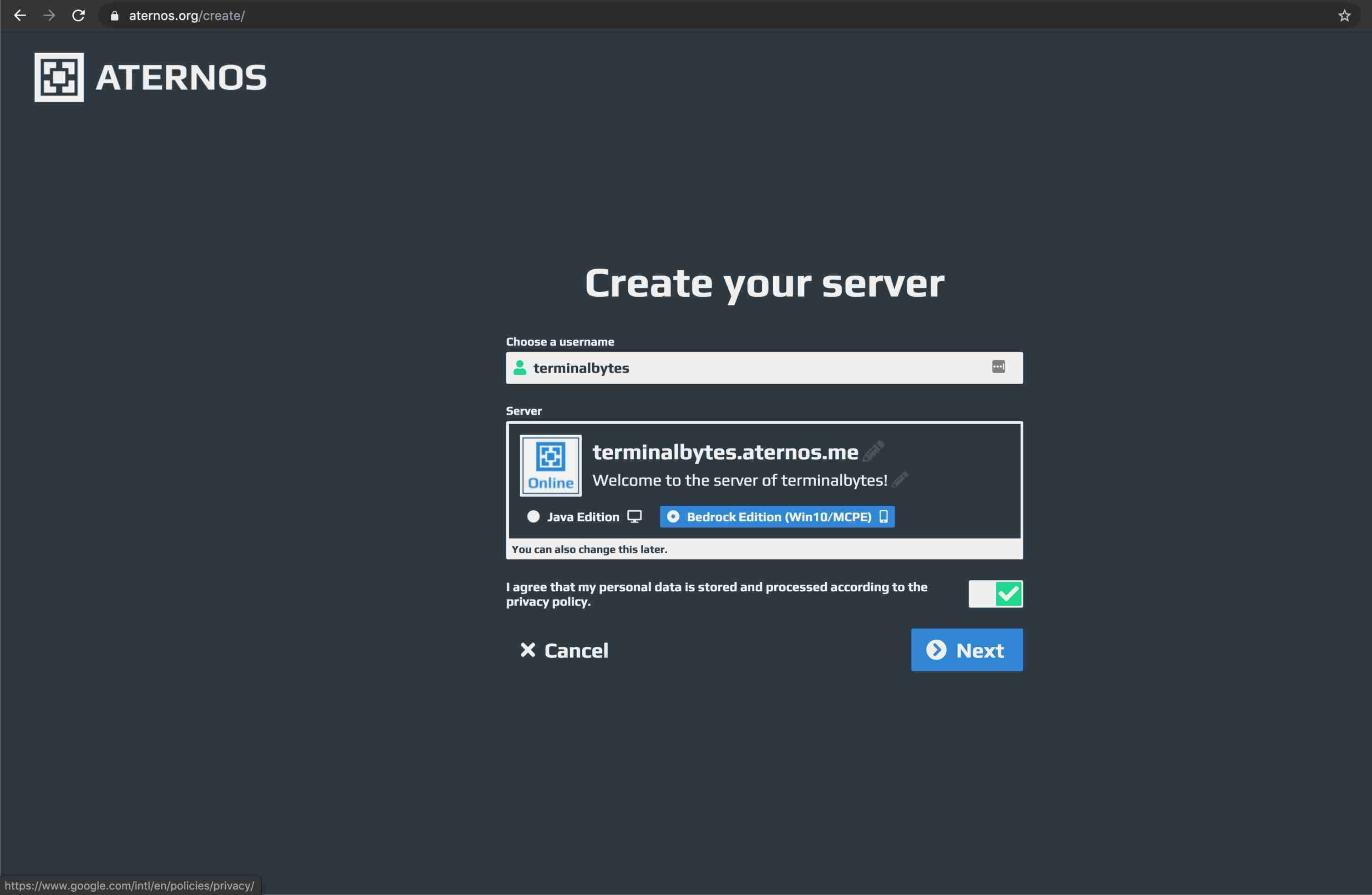 Aternos - Creating a Minecraft PE server