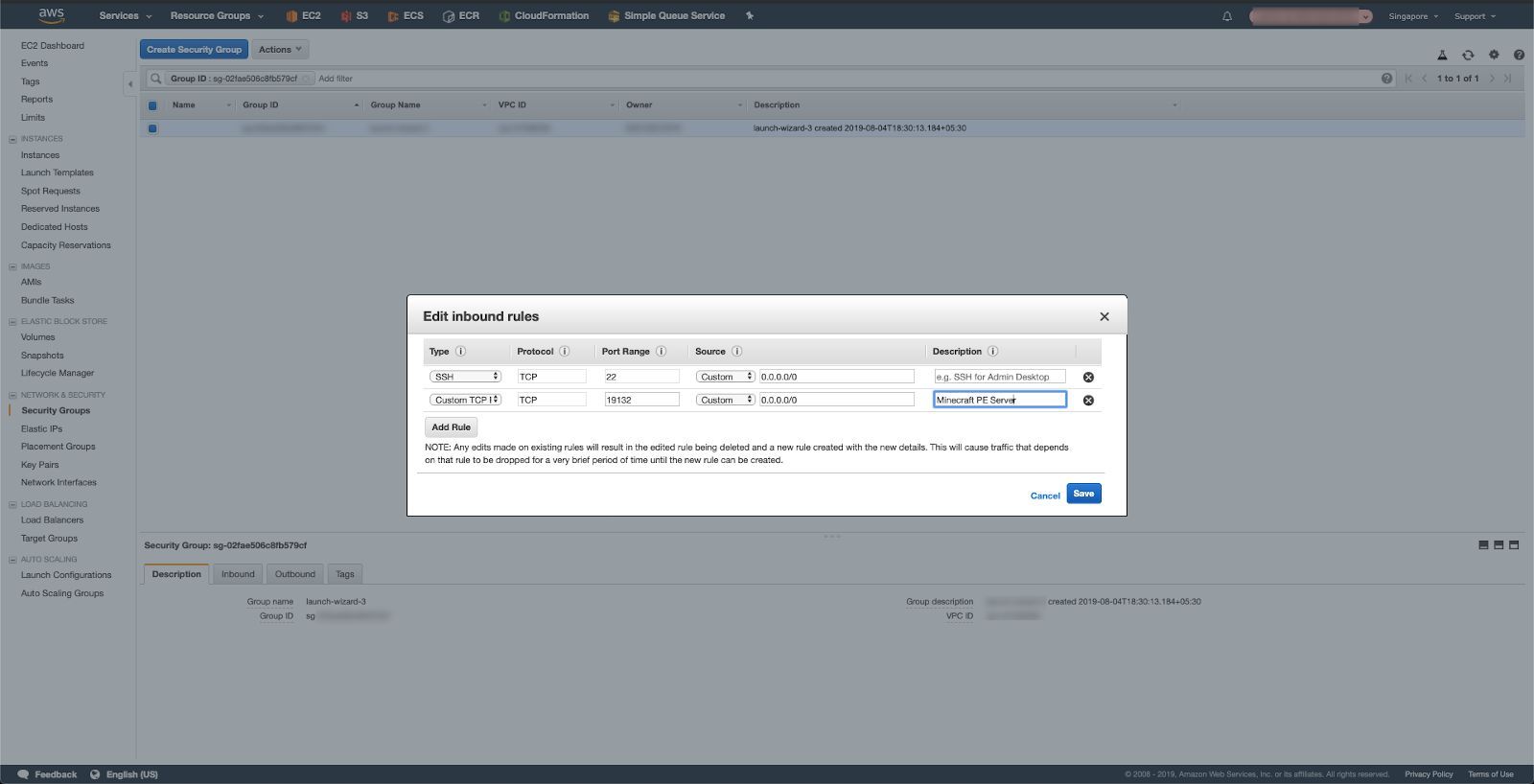 AWS Console Firewall Port 19132 for Minecraft PE server free | terminalbytes.com